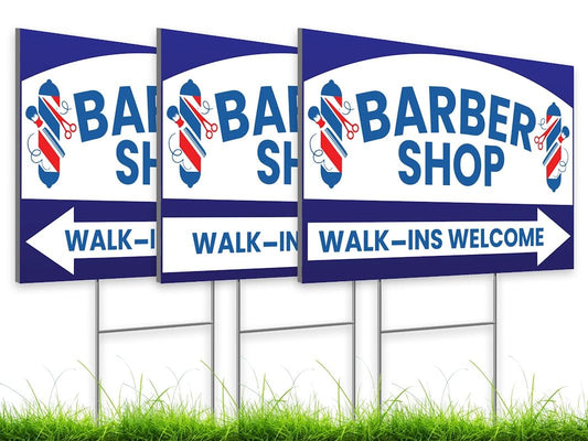 12x16 inch pack of 3 Barber Shop (Arrow) Yard Sign - Double-Sided Print with Metal Stakes - Barber Shop Grand Opening Plastic Sign