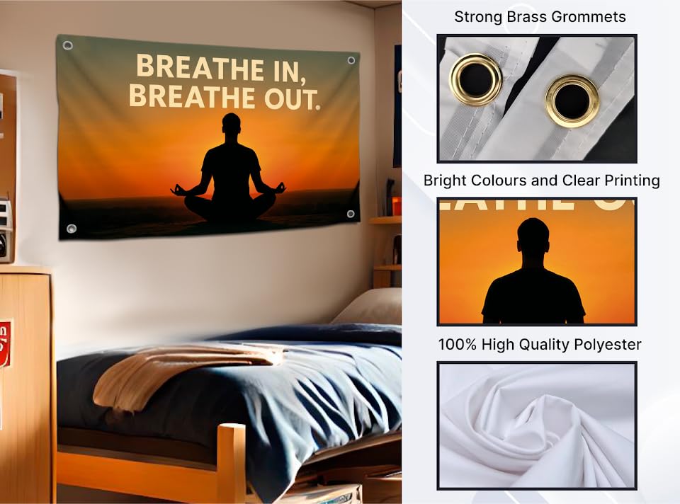3x5 Feet Polyester Meditation Flag with Quote "Breathe In, Breathe Out" with Four Brass Grommets - Motivation Tapestries Banner for Bedroom