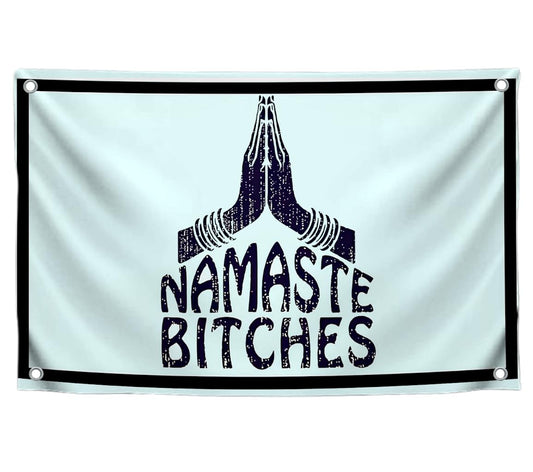3x5 Feet Humorous Quote Flag "Namaste Bitches" with Four Brass Grommets - Handwritten Decorative Drawn Symbols Yard Outdoor