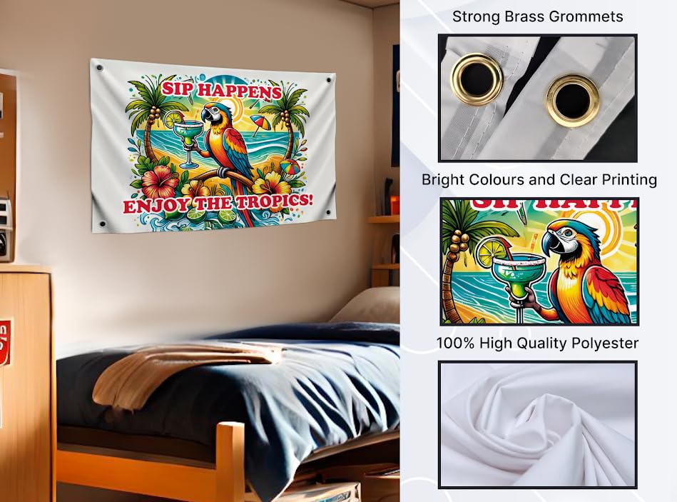 3x5 Ft Single Sided Flag with 4 Brass Grommets - Tropical Parrot with Colorful Margarita Tapestry - "Sip Happens Enjoy the Tropics" Quote Polyester