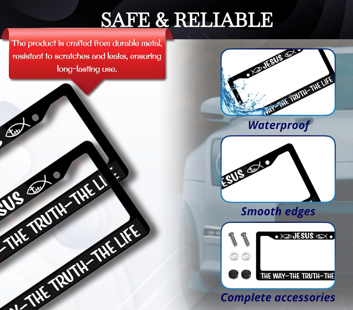 Black Car License Plate Frame 6x12.25 Inch - Stainless Steel Frame - for US Standard License Plate Jesus The Way The Truth The Life Christian