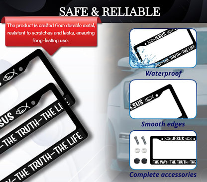 Black Car License Plate Frame 6x12.25 Inch - Stainless Steel Frame - for US Standard License Plate Jesus The Way The Truth The Life Christian