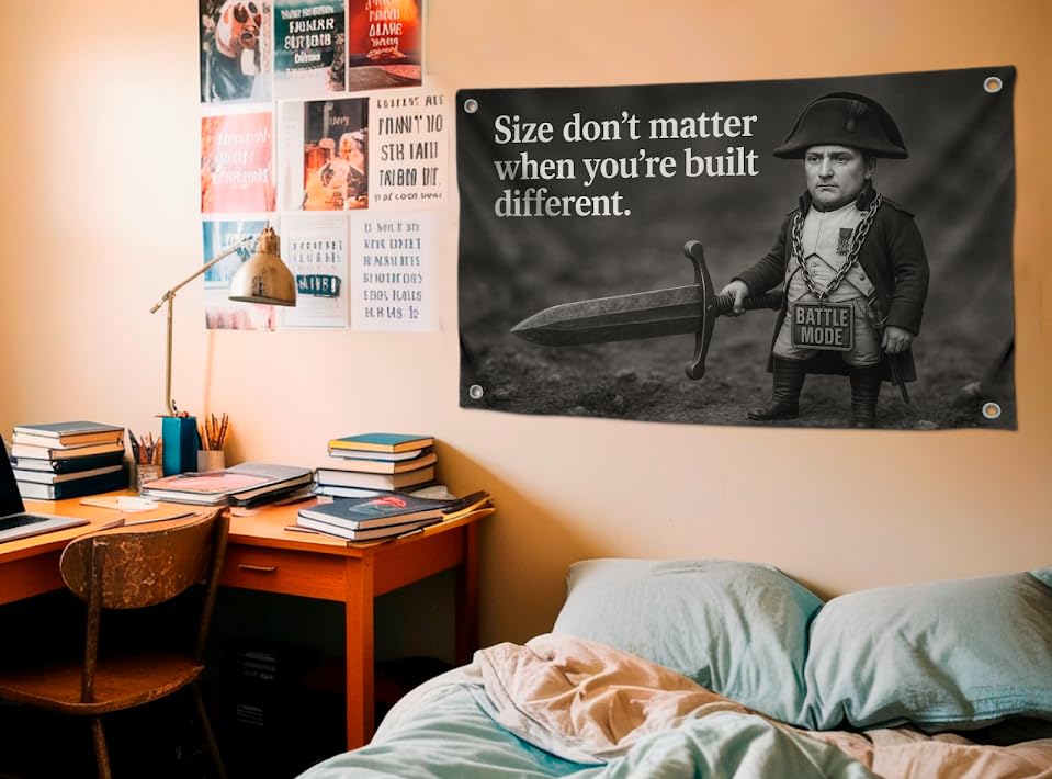3x5 Feet Napoleon Humor Meme Flags with Quote ''Size Don't Matter When You're Built Different." with Four Brass Grommets - Coolest Polyester Poster