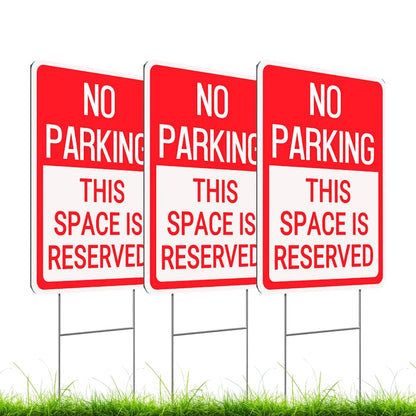 Set of 3 Double Sided 12x16 Inches No Parking This Space Is Reserved Sign with Metal Wire H-Stakes.Plastic Reserved Parking Indoor or Outdoor Sign Use