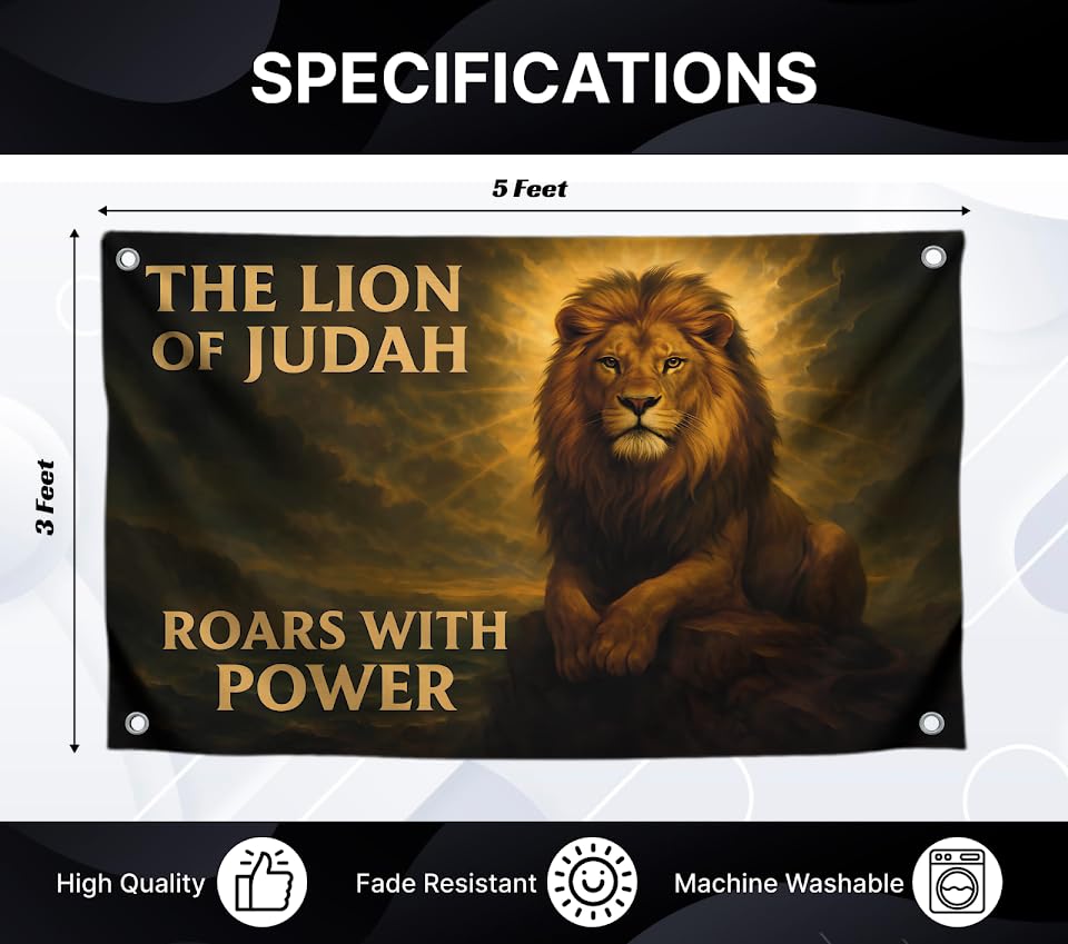 3x5 Feet The Lion Flag with Quote "The Lion of Judah Roars with Power" Perfect Idea for Decor Room - Single Sided Polyester Flags with Four Brass