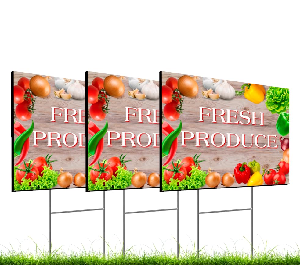 Set of 3 Double Sided 12x16 Inches Fresh Produce Sign with Metal H-Stakes - Vegetable Sign Outdoor or Indoor Yard Signs
