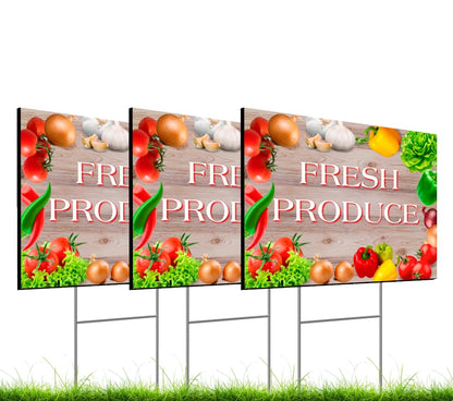 Set of 3 Double Sided 12x16 Inches Fresh Produce Sign with Metal H-Stakes - Vegetable Sign Outdoor or Indoor Yard Signs