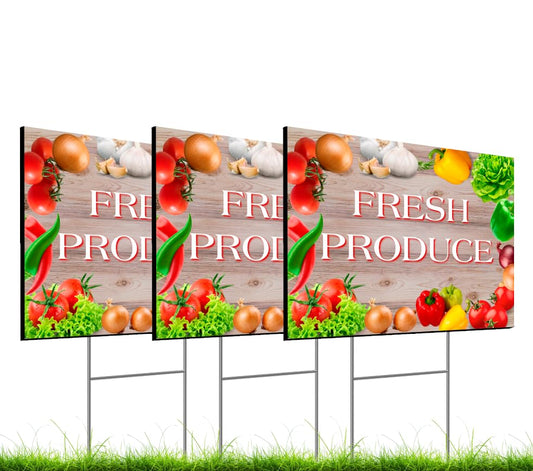 Set of 3 Double Sided 12x16 Inches Fresh Produce Sign with Metal H-Stakes - Vegetable Sign Outdoor or Indoor Yard Signs
