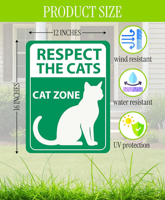 Set of 3 Double Sided 12x16 Inches Respect The Cat Sign with Metal Wire H-Stakes - Plastic Street Cat Zone Animals Sign for Garden or Yard