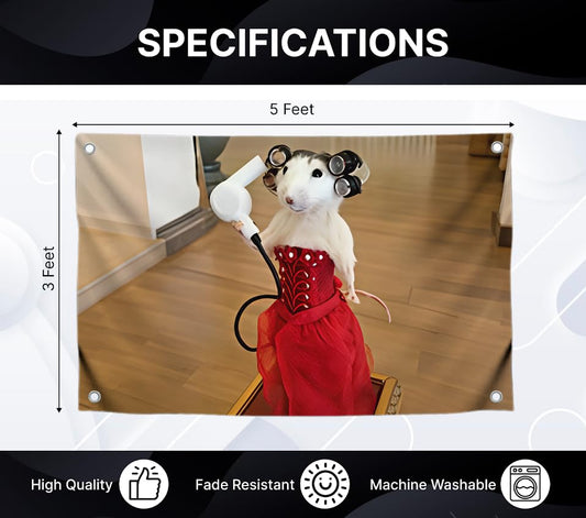 3x5 Ft Fancy Rat in Dress Meme Flag. Single Sided Polyester with 4 Brass Grommets. Funny Wall Tapestry for Dorm Boys. Cool Poster Banner for Apartment