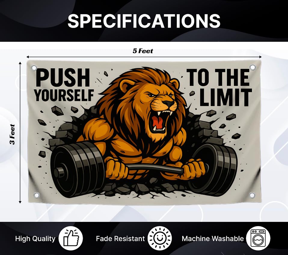 3x5 Feet Motivation Gym Flag with Quote "Push Yourself To The Limit" with Four Brass Grommets - Lion Inspirational Banner for Wall Decoration