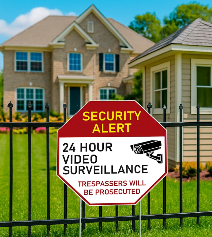 Set of 3 Double Sided 13x13 Inches Plastic 24 Hour Surveillance Signs with Metal H-Stakes - No Intrusion Sign Private Property