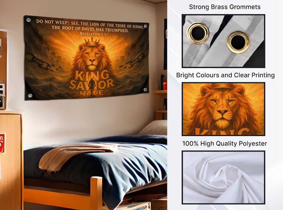 3x5 Ft Lion of Flag with Quote - "Do Not Weep See The Lion Of The Tribe" with 4 Brass Grommets - Polyester Decor for Church and Home