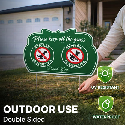 Set of 3 Please Keep Off The Grass Plastic Sign with Metal Wire H-Stakes - 12x8 inch No Peeing and No Pooping Dog Sign - Double Sided Please