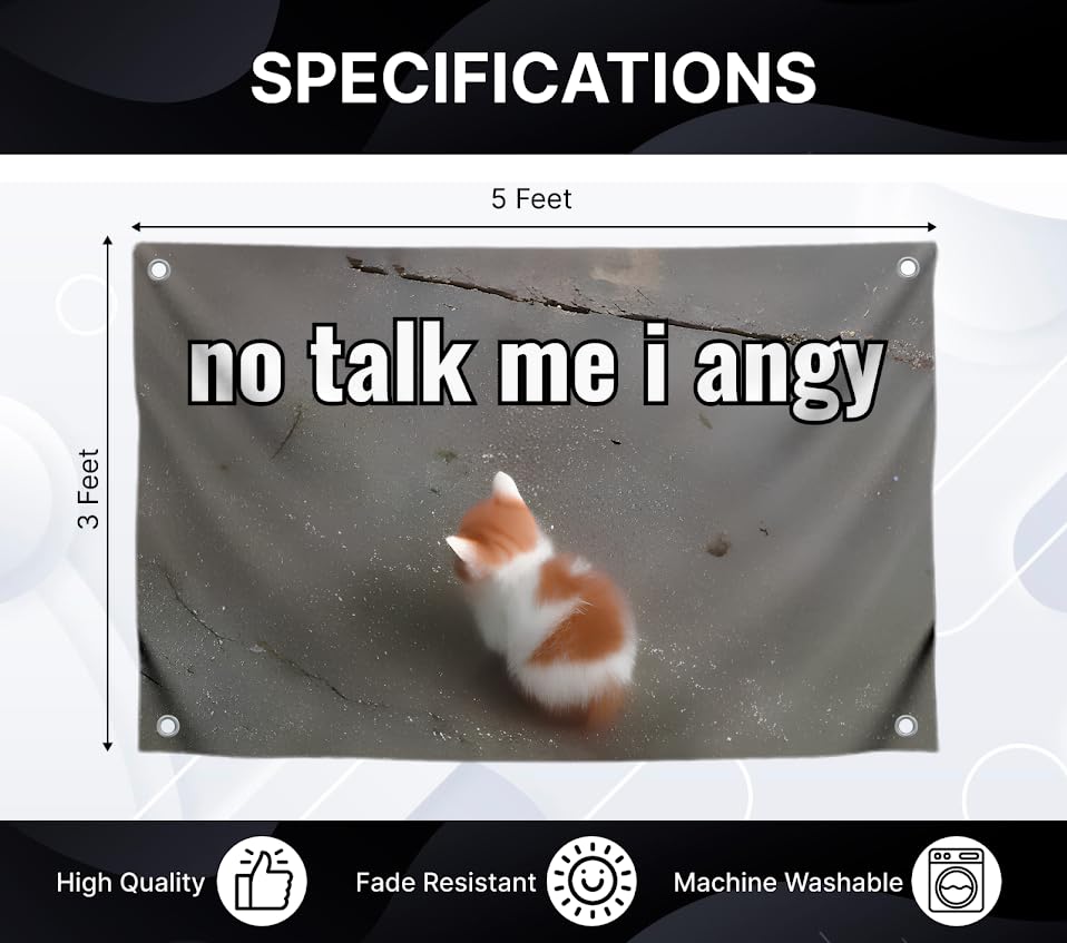 3x5 Feet Cat Meme Single Sided Flag with Quote "No Talk Me I Angy" with Four Brass Grommets - Funny Animals Banner for Wall Decoration