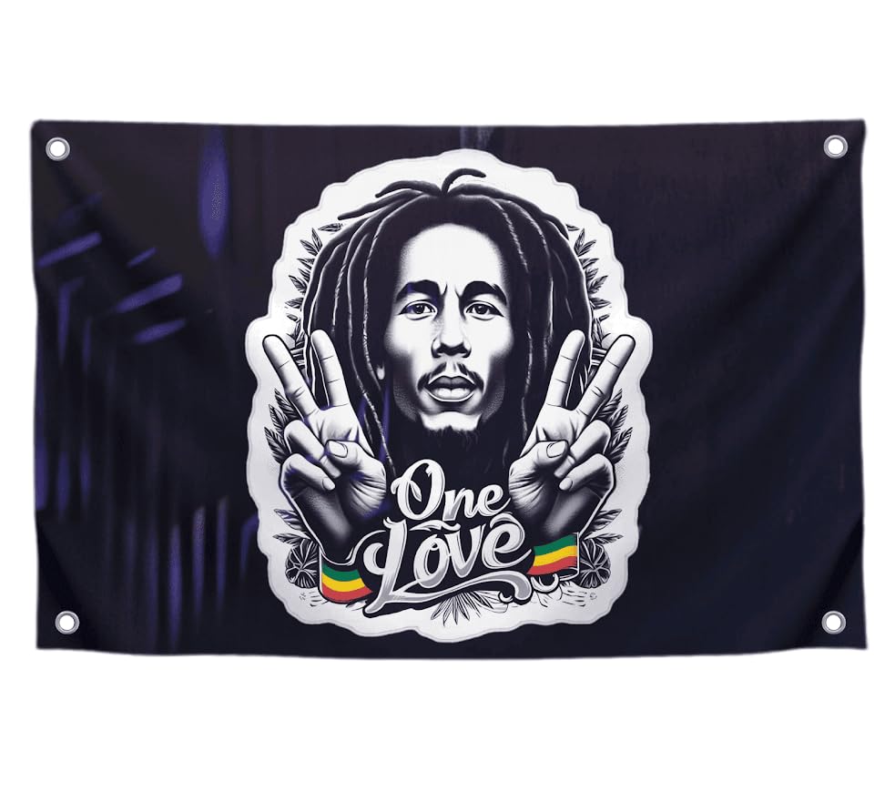 3x5 Feet Marley Wall Hanging Tapestry Flag with One Love with Four Brass Grommets - Aesthetic Rasta Stoners Tapastry - Hippie Decorations Posters