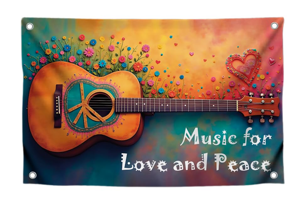 3x5 Ft Guitar Single Sided Flag "Music for Love and Peace" with 4 Brass Grommets - Musical Polyester Banner with Flower and Heart for Wall Decoration