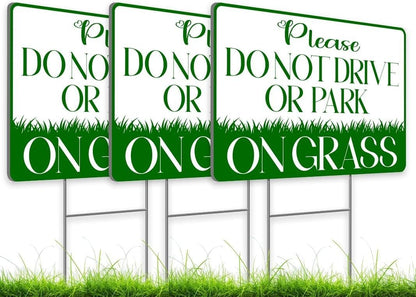 Set of 3 Please Do Not Drive or Park on Grass Yard Plastic Signs with Metal Wire H-Stakes - 8x12 inch Keep off Grass Sign. No Parking Signs with Stand