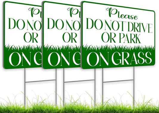 Set of 3 Please Do Not Drive or Park on Grass Yard Plastic Signs with Metal Wire H-Stakes - 8x12 inch Keep off Grass Sign. No Parking Signs with Stand