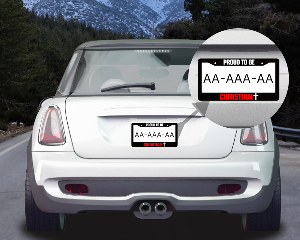 6x12.25 Inch License Plate Frame with Quote Proud to Be Christian with 2 Standard Slotted Mounting Holes and Screws