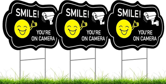 Set of 3 Smile Your on Camera Signs with Wire H-Stakes - 8x12 Inch Video Surveillance Sign Outdoor - Surveillance Black Signs Smile at the Camera
