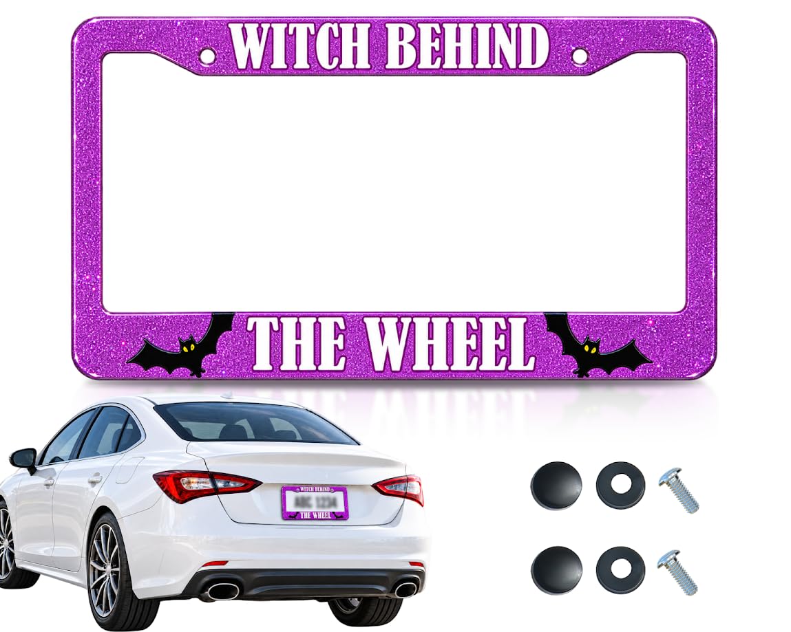 6x12 in Witch Behind The Wheel License Plate Frame – Pink Glitter