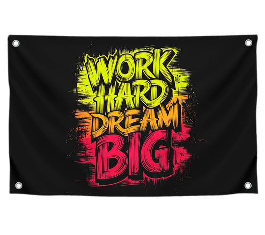 3x5 Feet Motivation Quote Polyester Flag "Work Hard Dream Big" with Four Brass Grommets - Home Gym Decor for Room Guys and Man