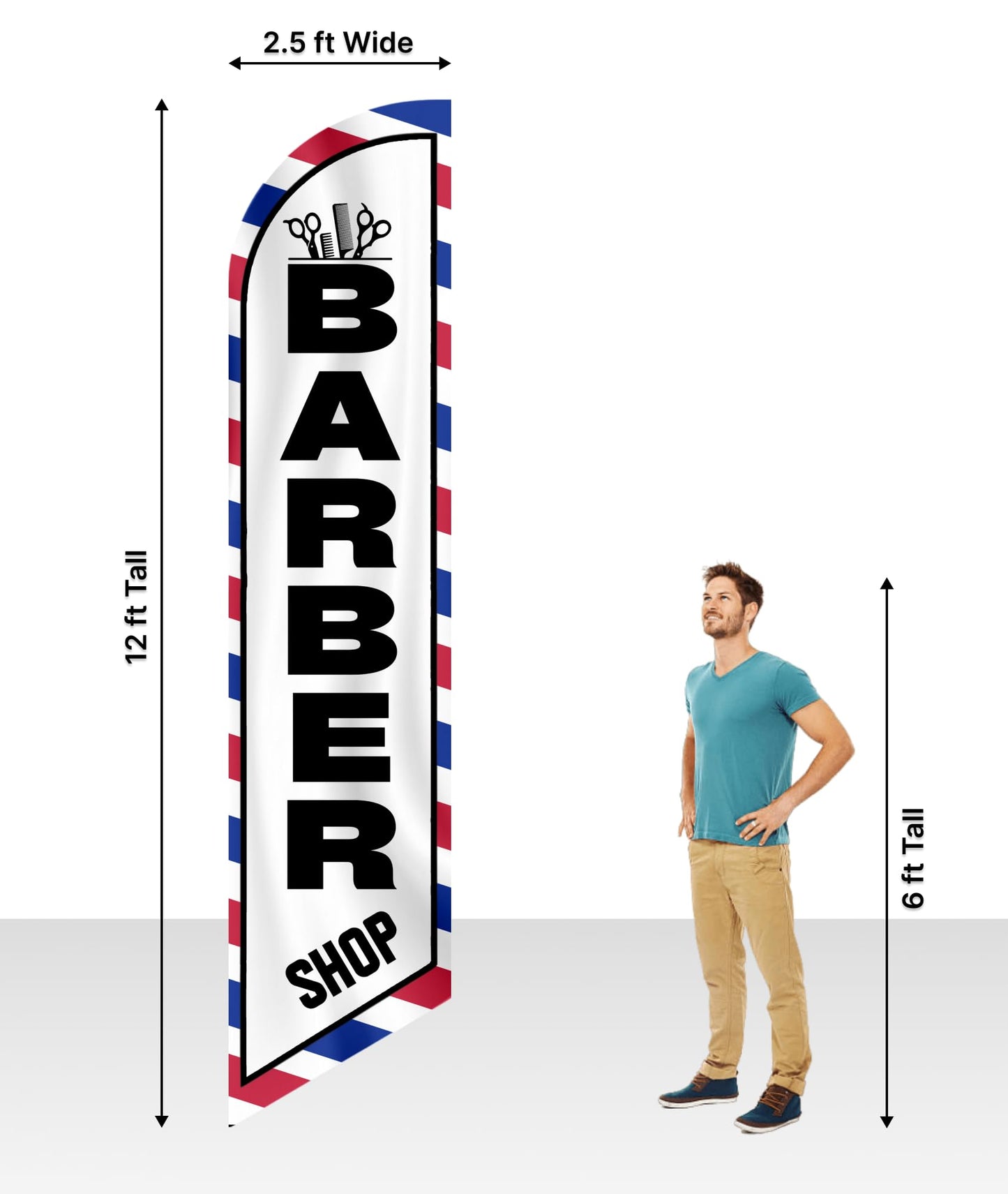 12x2.5 Feet Tall Feather Flags "Barber Shop" - Advertising Replacement Feather Banner - Single Sided Feathers Banners Barber Themed - Advertising Flag