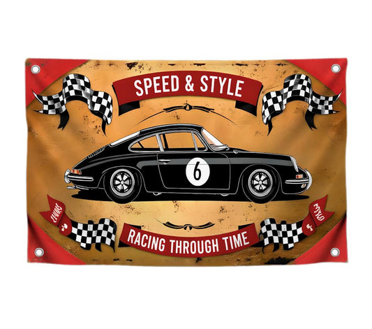 3x5 Feet Black Racing Car Polyester Flag with Four Brass Grommets - Speed and Style Racing Through Time Banner. Black Auto Number 6 Wall Flag for Home