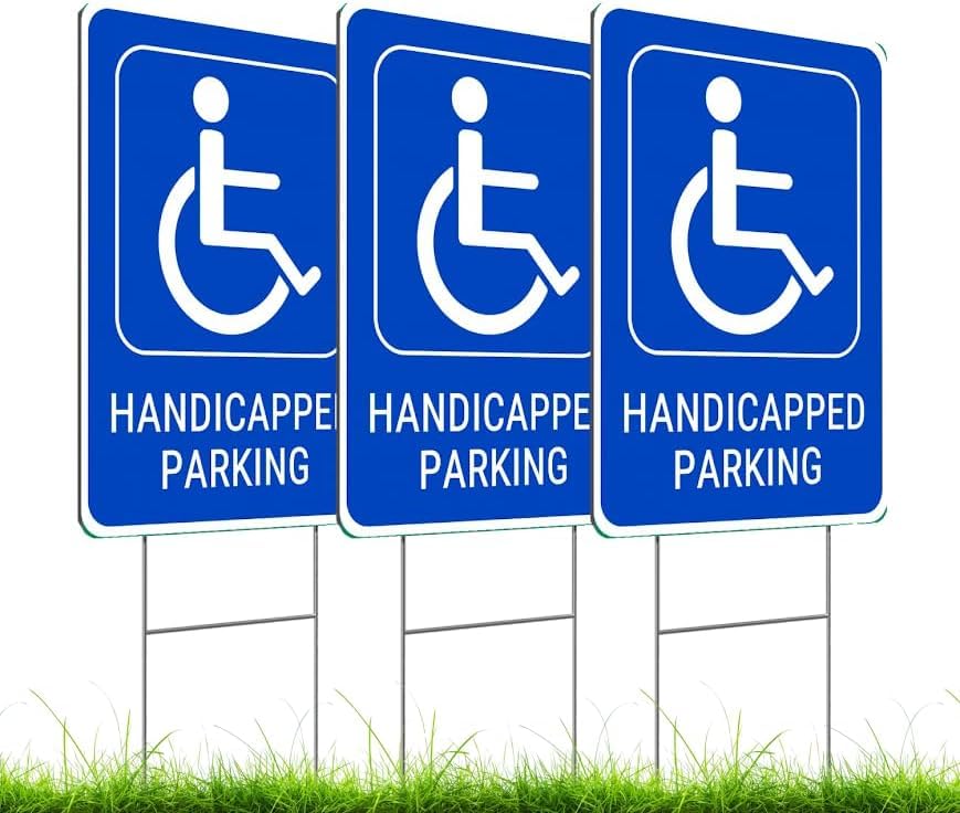 Set of 3 Handicapped Parking Sign with Metal Wire H-Stakes - Double Sided Plastic Reserved Parking Signs.12x16 Inches Yard for Handicapped Only Signs