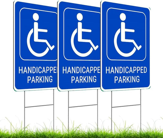 Set of 3 Handicapped Parking Sign with Metal Wire H-Stakes - Double Sided Plastic Reserved Parking Signs.12x16 Inches Yard for Handicapped Only Signs