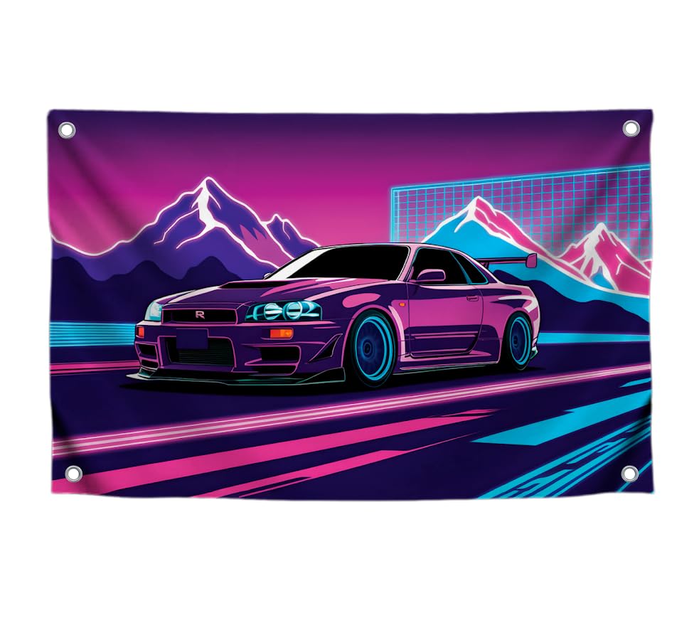 3x5 Feet Purple Racing Car Polyester Flag with Mountains In The Background with Four Brass Grommets - Car Wall Poster for Outdoor or Indoor