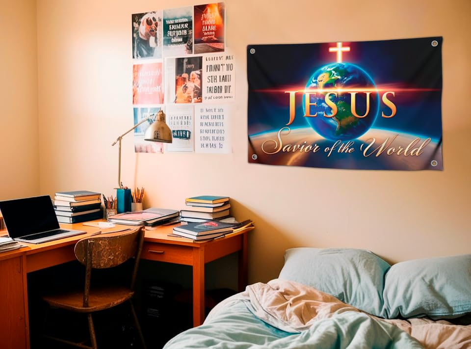 3x5 Feet Flag with Quote ''Savior of the World'' with Four Brass Grommets - Polyester Decor Flags for Churches - Single Sided Banners for Easter Day