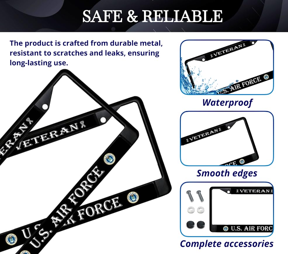 Car License Plate Frame US Air Force Veteran - Standart Cars USA Stainless Steel Frame for Front and Rear