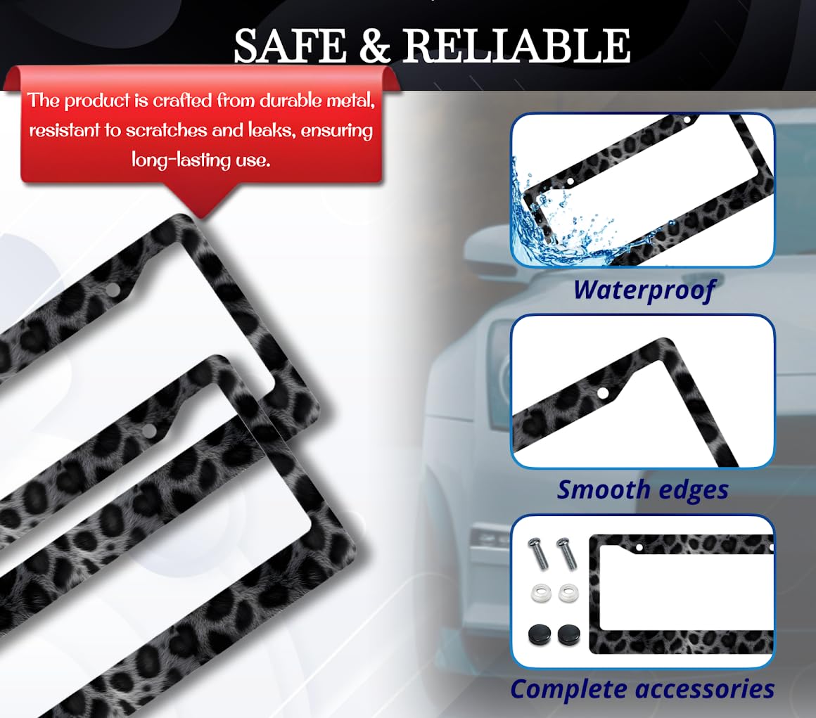 License Plate Frame for US Standard Frame 6x12.25 Inch - Dark Leopard Print with 2 Holes and Screws - Stainless Steel Frames for Your Car