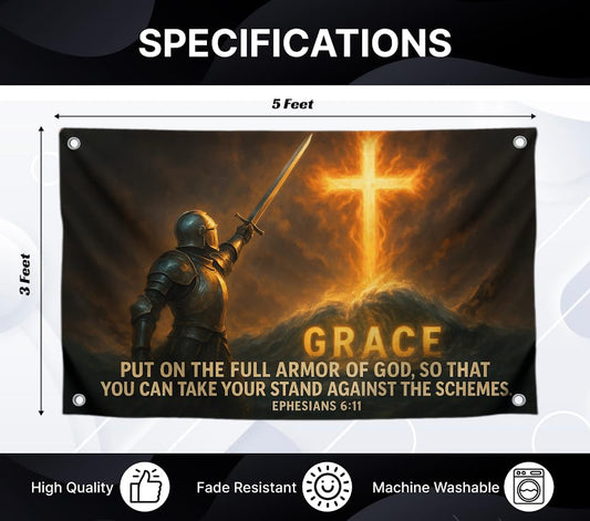 3x5 Feet Armor of God Flag with Quote - "Grace Put On The Full Armor" with 4 Brass Grommets - Polyester Wall Decor Flags for Church - Single Sided
