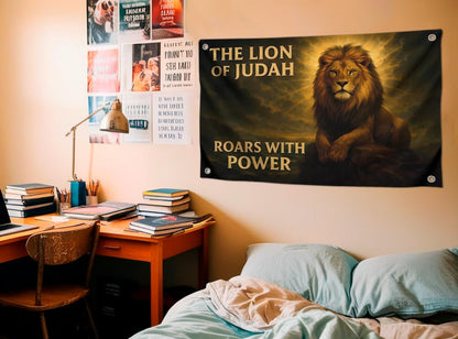 3x5 Feet The Lion Flag with Quote "The Lion of Judah Roars with Power" Perfect Idea for Decor Room - Single Sided Polyester Flags with Four Brass