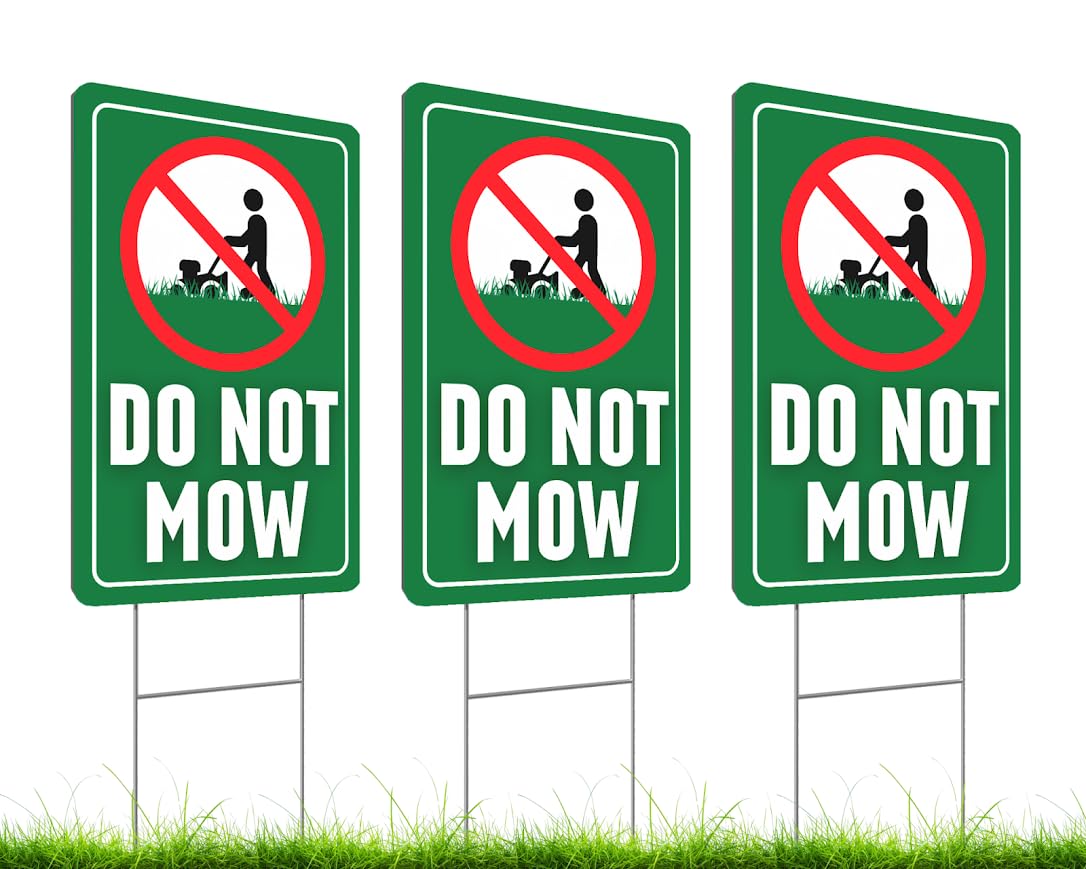 Set of 3 Double Sided 12x8 Inches Do Not Mow Sign with Metal Stakes.Plastics Garden Mow Signs for Outdoor and Indoor.No Mowing Beyond This Point Sign