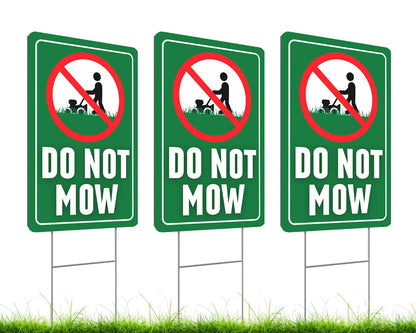 Set of 3 Double Sided 12x8 Inches Do Not Mow Sign with Metal Stakes.Plastics Garden Mow Signs for Outdoor and Indoor.No Mowing Beyond This Point Sign