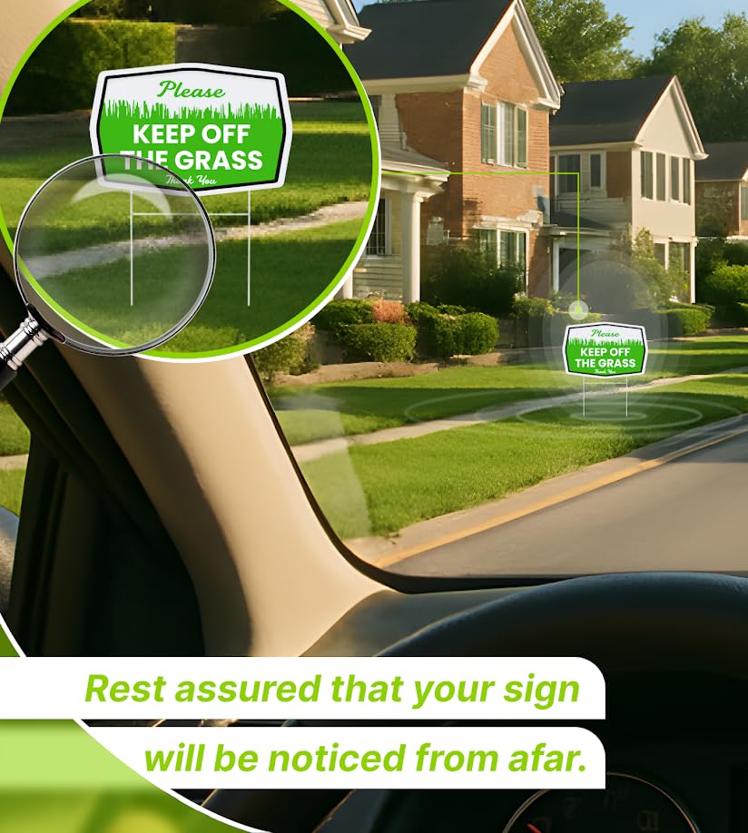 Set of 3 Double Sided 12x8 Inches Plastic Please Keep Off The Grass Thank You Signs with Metal H-Stakes - Curb Your Dog no Pooping