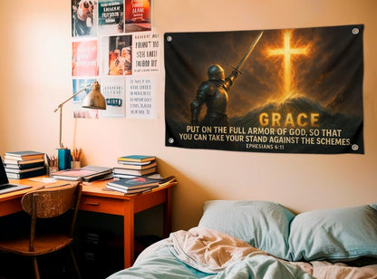 3x5 Feet Armor of God Flag with Quote - "Grace Put On The Full Armor" with 4 Brass Grommets - Polyester Wall Decor Flags for Church - Single Sided