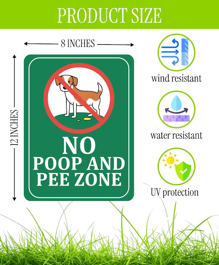 Set of 3 Double Sided 12x8 Inches Plastic Sign "No Poop and Pee Zone" with Metal H-Stakes