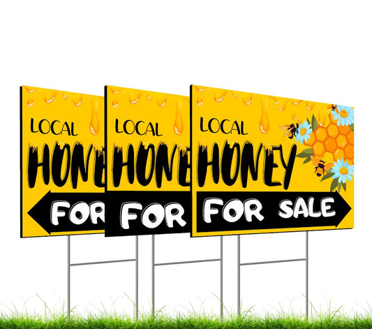 Set of 3 Double Sided 12x16 Inches Local Honey For Sale Yard Sign with Metal H-Stakes - Local Honey Sale Signs for Farm Garden Lawn Outdoor