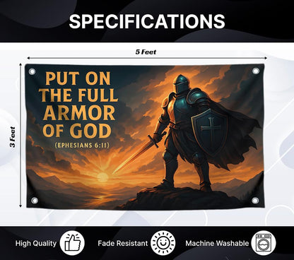 3x5 Feet Flags with Quote "Put on the Full Armor" with Four Brass Grommets - Single Sided Easter Decorations Poster - Polyester Funny Tapestry