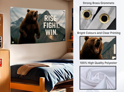 3x5 Feet Motivation Flag with Big Bear and Quote ''Rise. Fight. Win.'' for Gym Room Guys with Four Brass Grommets - Single Sided Animal Meme Tapestry