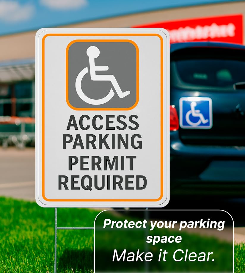 Set of 3 Double Sided 12x16 Inches Access Parking Permit Required Sign with Metal Wire H-Stakes - No Parking Road Traffic Signs for Garden Decoration