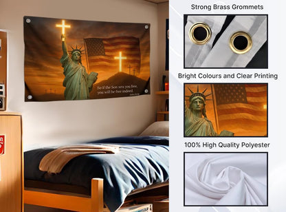3x5 Feet Statue Liberty Flag with Quote - "So If the Son Sets You Free You Will Be Free Indeed" with 4 Brass Grommets - Polyester Flags for Room