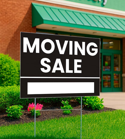 Set of 3 Double Sided 12x8 Inches Plastic Black Moving Sale Signs with Metal H-Stakes - Moving Sale Sign for Real Estate Agents