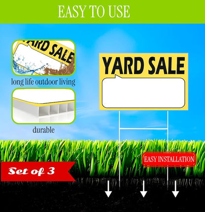Set of 3 Double Sided 12x16 Inches Plastic Yard Sale Signs with Metal H-Stakes