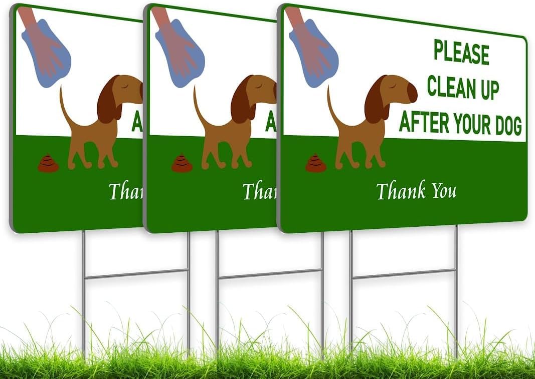 Set of 3 Please Clean Up After Your Dog, Thank You Signs with Metal Wire H-Stakes - 12х8 inch Be a Good Neighbor Sign - Pick Up Your Dog Poop Signs